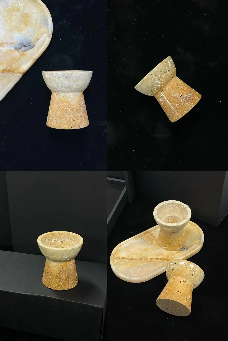 Beige stone holder shown upright, on its side and with an oval tray