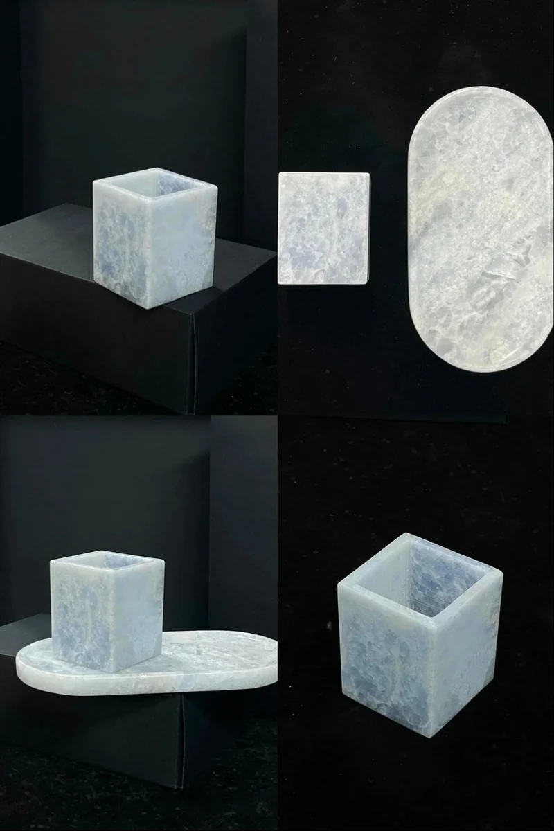 Pale blue square stone vessel shown separately and on an oval tray