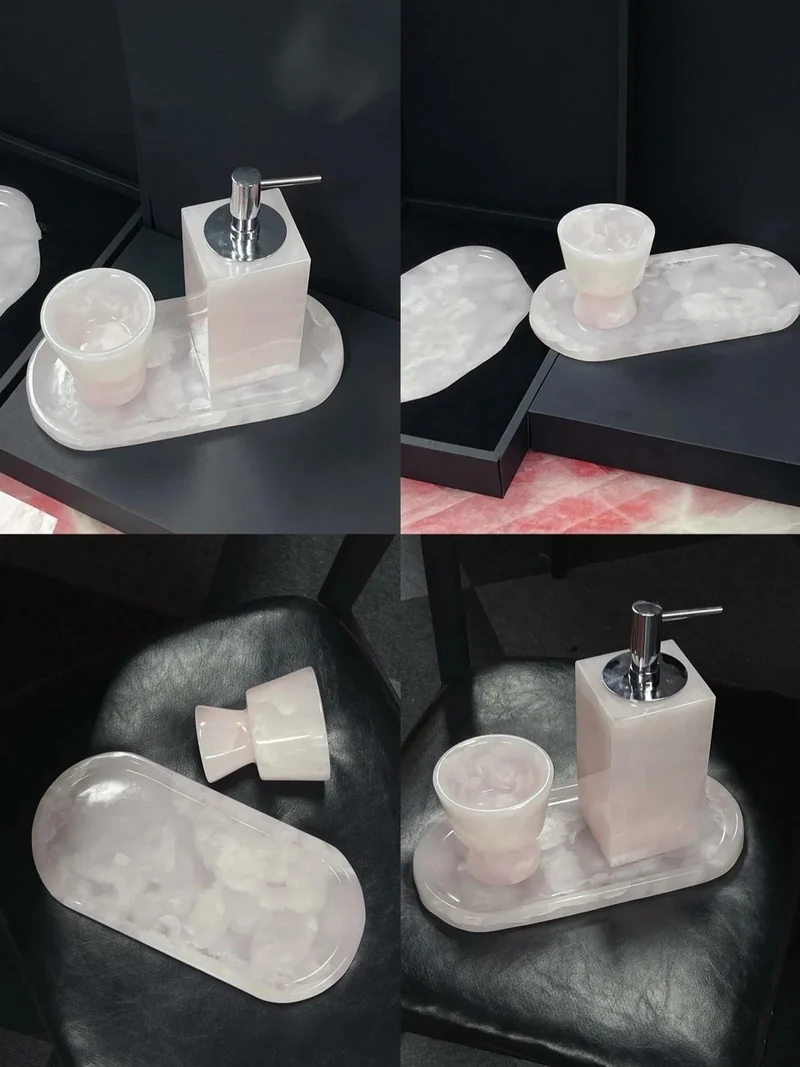 Pale pink stone tray with a pump dispenser and small vessel in a four-view photograph