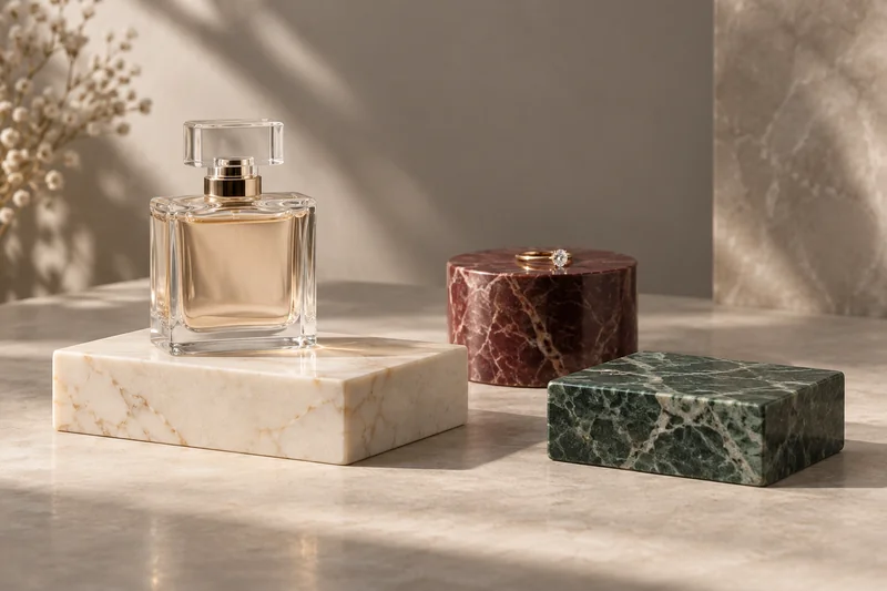 Design illustration of compact marble bases styled with a perfume bottle and ring