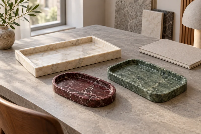 Design illustration of three natural marble tray forms in ivory, burgundy and green