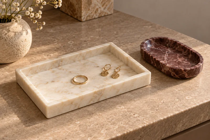 Design illustration of marble jewelry trays styled with a ring and earrings