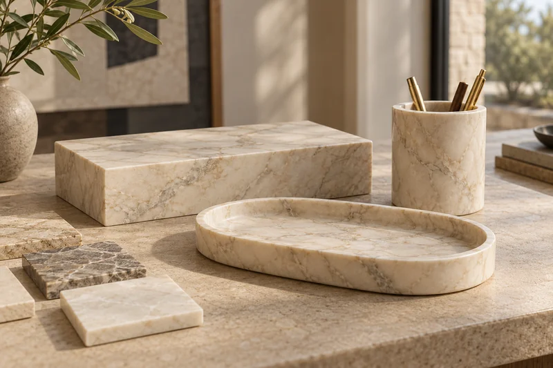 Design illustration of a coordinated marble tray, low display block and pen holder