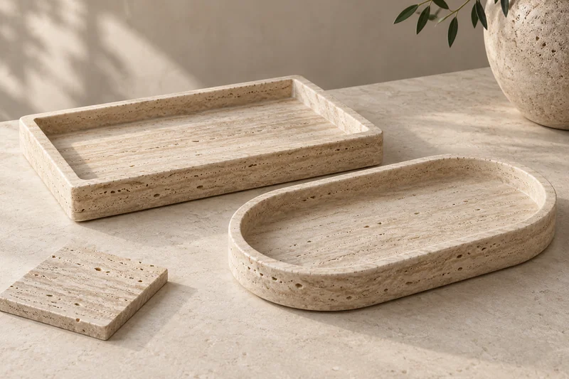 Design illustration of rectangular and oval travertine trays beside a material sample