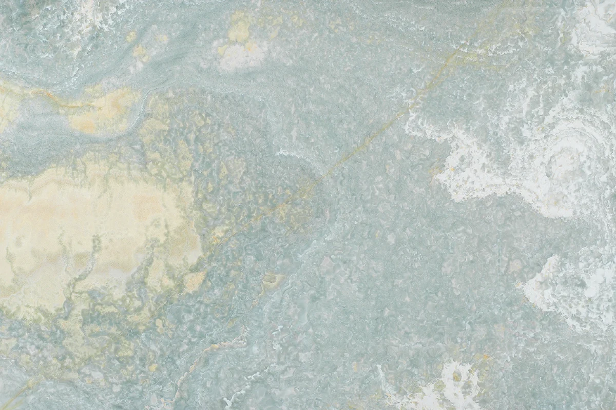 Golden Blue Onyx stone texture with pale blue-green clouds, white areas and soft gold lines