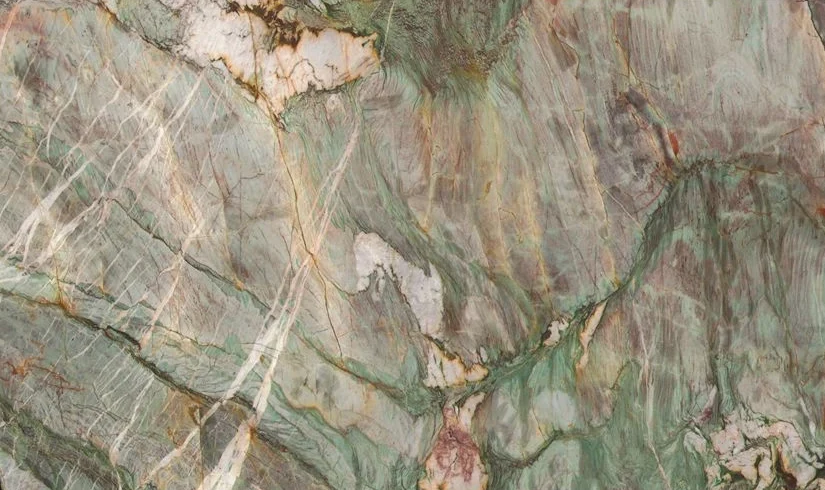 Green Peacock stone texture with sage-green bands, ivory areas and fine white veins
