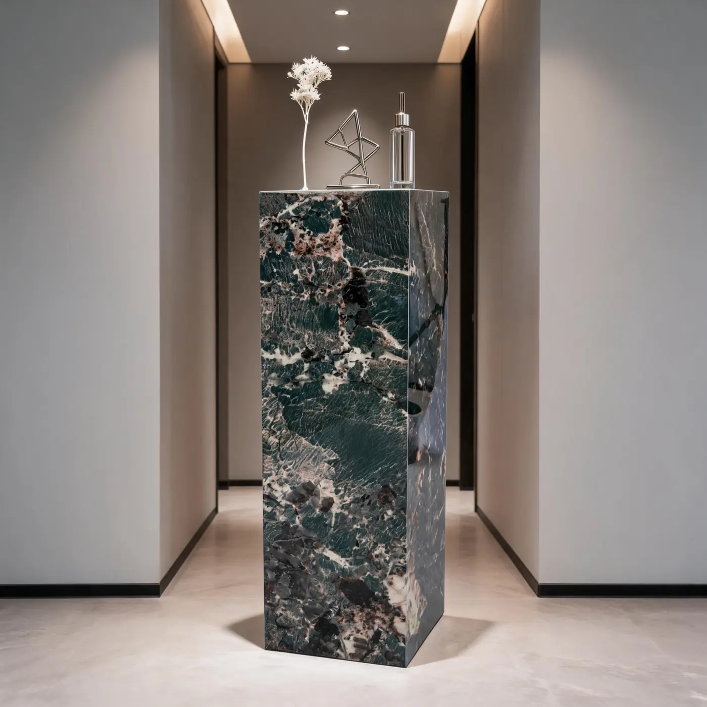 Amazon Green pedestal in a gallery-like corridor