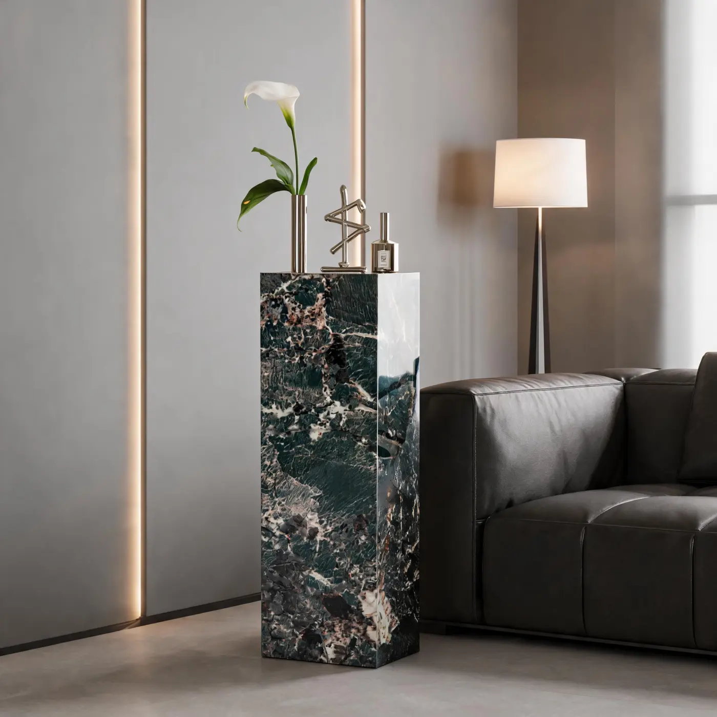 Amazon Green pedestal beside dark lounge seating