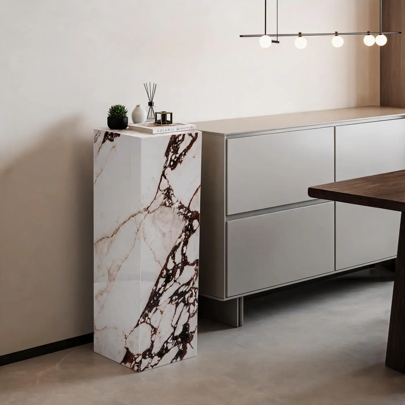 Bulgari Red pedestal beside a console cabinet