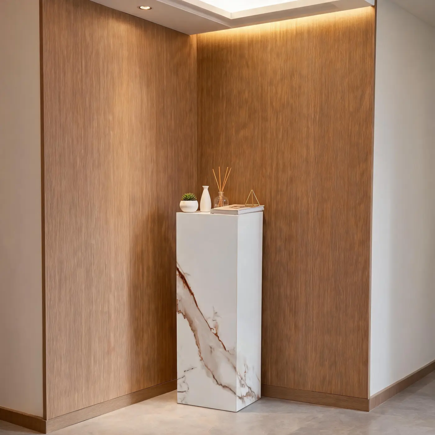Calacatta Gold pedestal in a timber-lined hall
