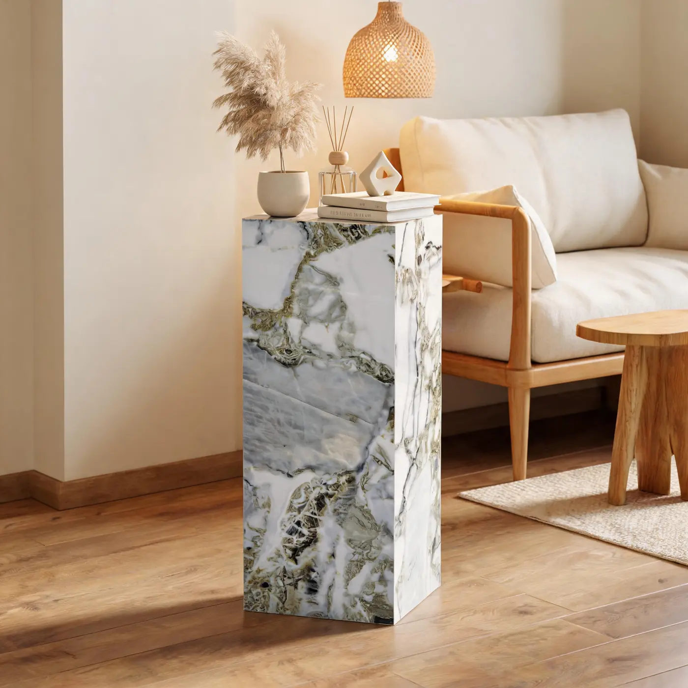Cold Jade pedestal beside lounge furniture