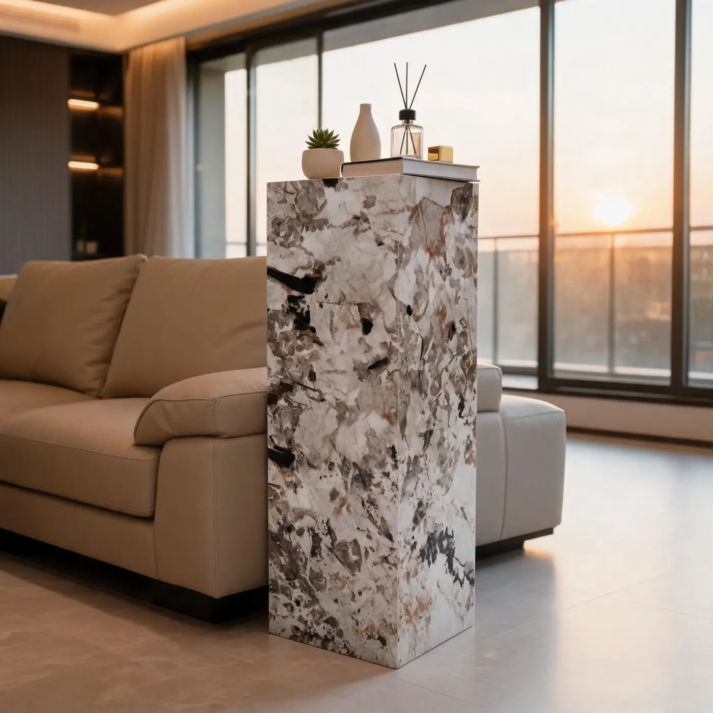 Pandora pedestal beside lounge seating