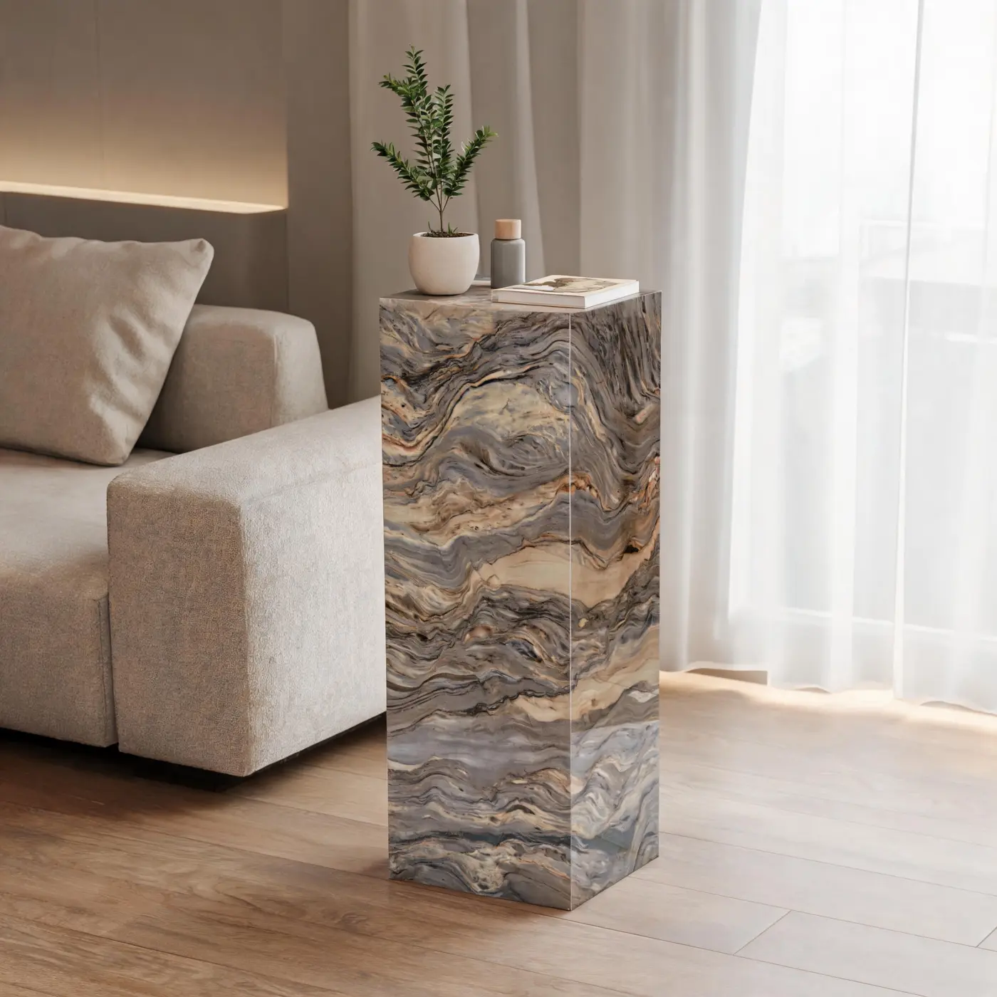 Silk Road pedestal beside a sofa