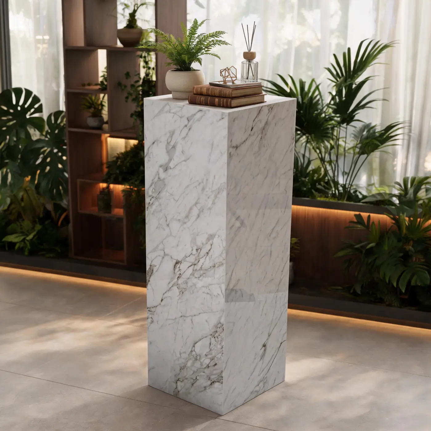 Snow White pedestal in a planted interior
