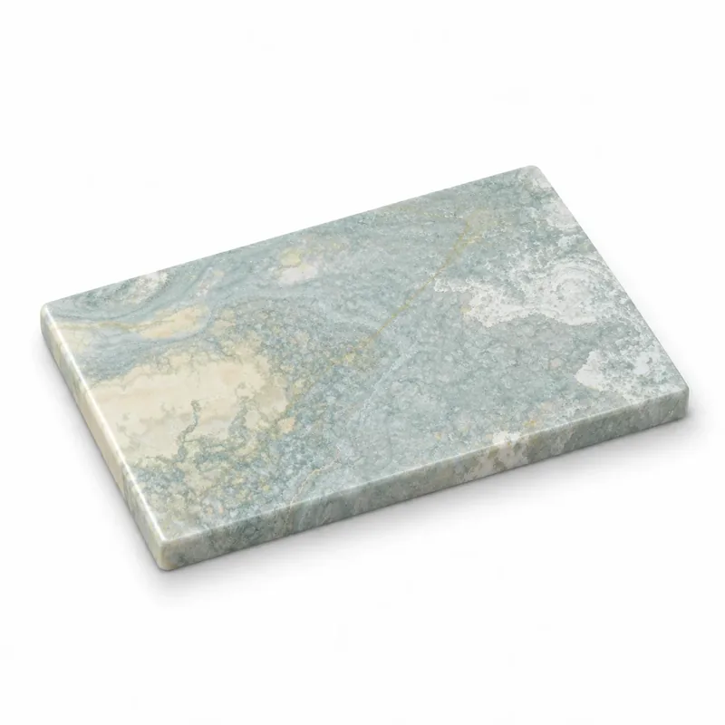 Concept illustration of a flat rectangular stone plaque with blue-green and cream patterning and rounded corners
