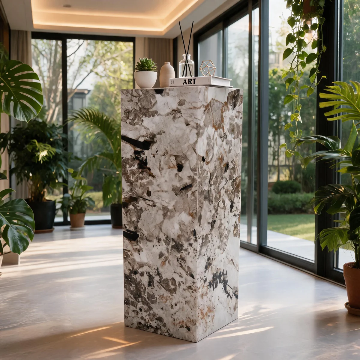 Conservatory stone pedestal scene