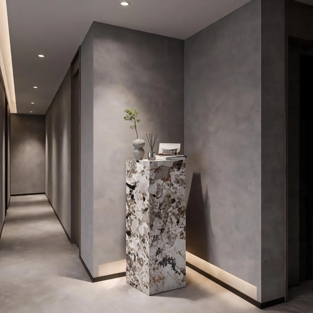 Corridor display stone pedestal scene