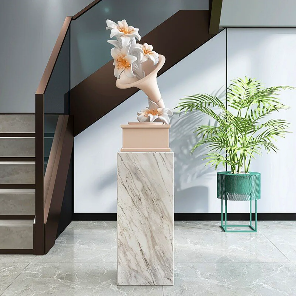 Stair hall stone pedestal scene