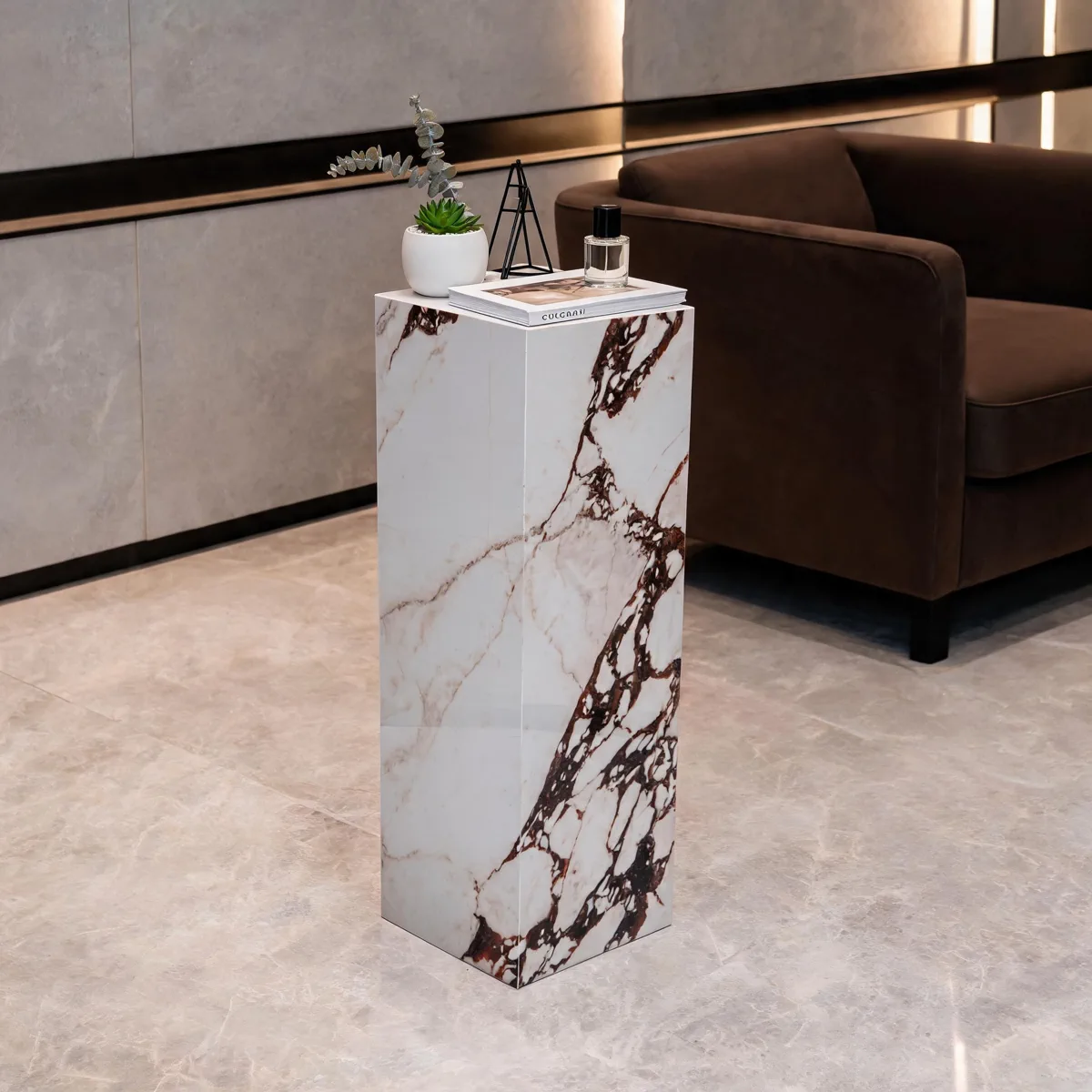Lounge display stone pedestal scene