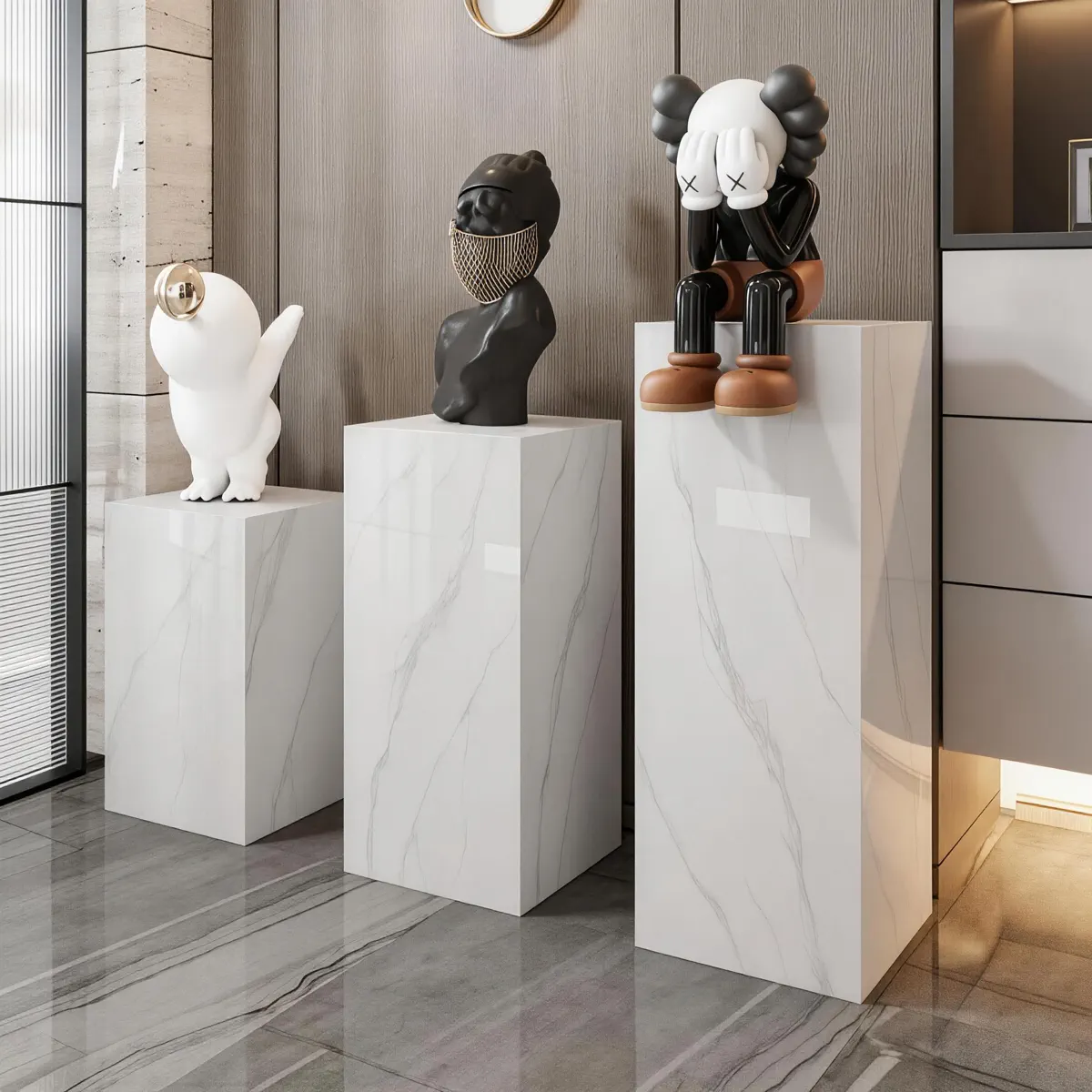 Sculpture showroom stone pedestal scene