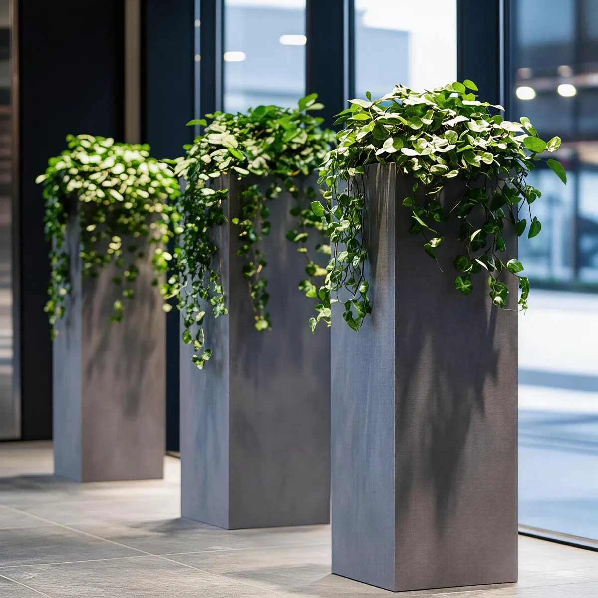 Lobby greenery stone pedestal scene