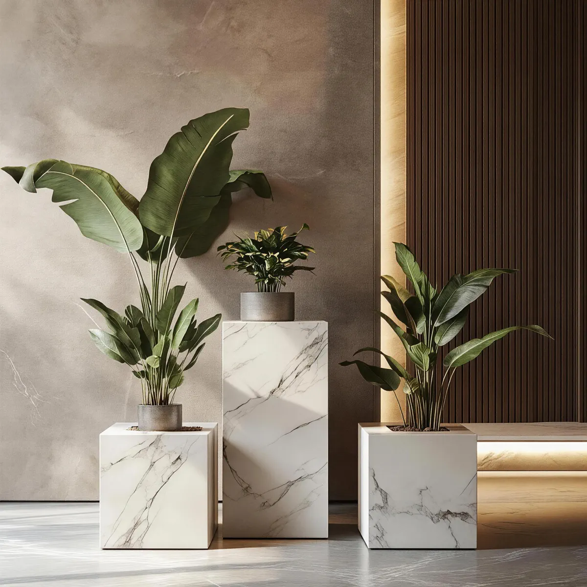 Layered greenery stone pedestal scene