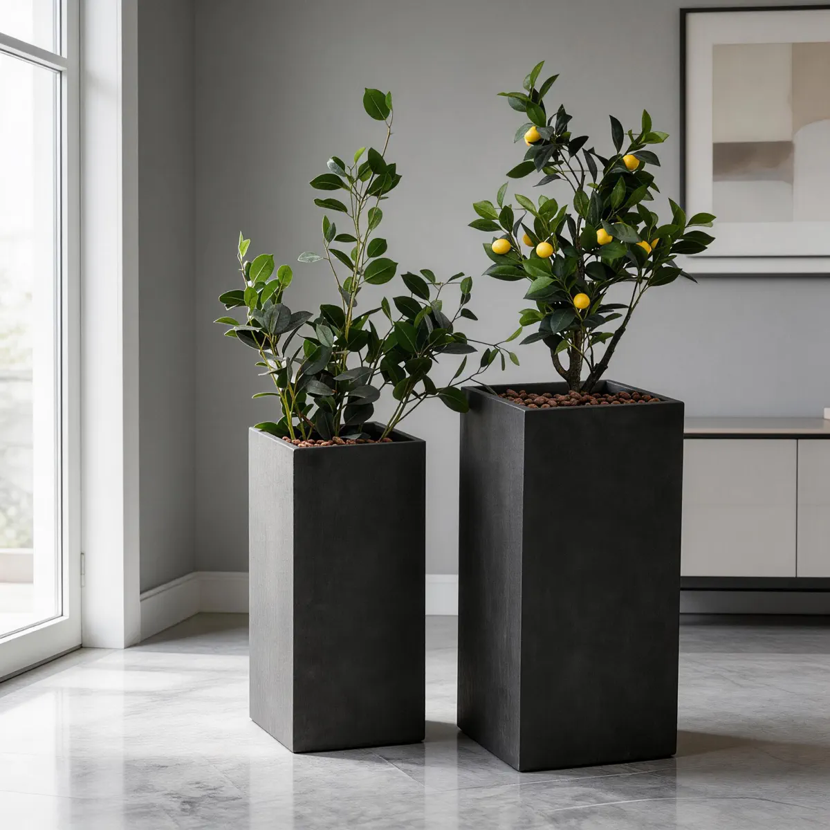 Lounge plants stone pedestal scene