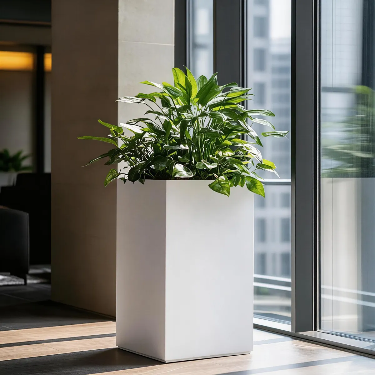 Window-side plant stone pedestal scene