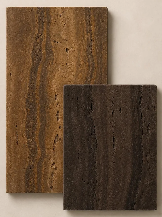 Warm brown and dark brown travertine references with directional bands and visible openings