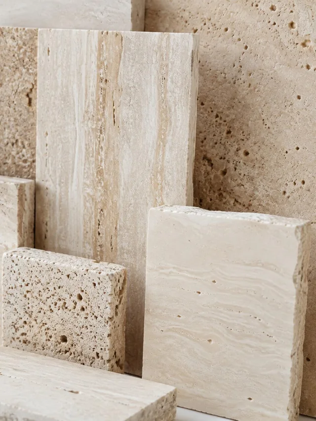 Cream and ivory travertine references with linear bands and varied pore patterns
