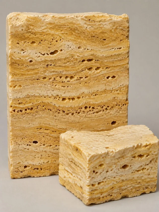 Golden yellow travertine reference showing layered bands and open pores
