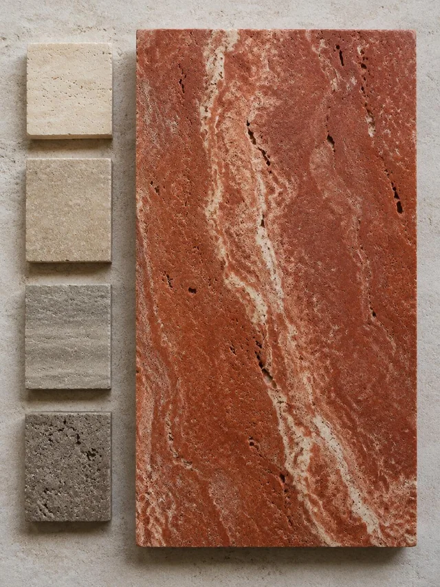 Red stone reference with pale bands beside four neutral travertine colour references