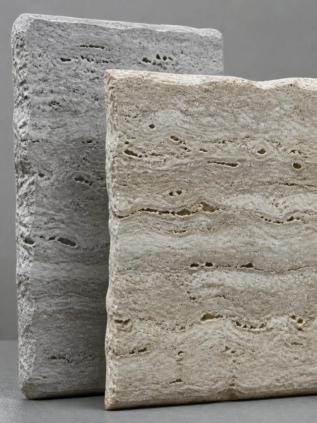 Grey and pale beige travertine references showing irregular open pores