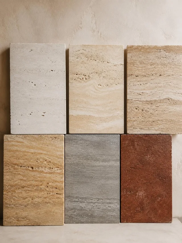 Six travertine colour references arranged in cream, beige, gold, grey and red tones