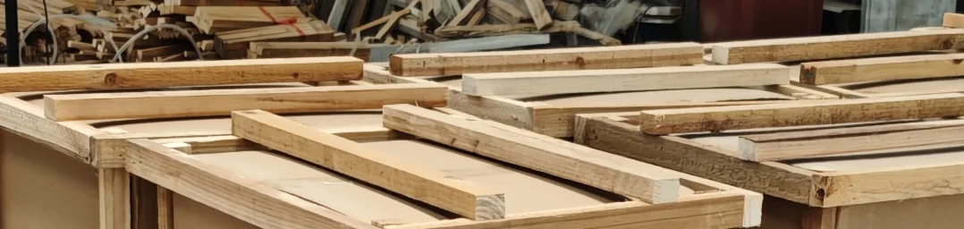 Timber frames reinforcing cardboard cartons in the DeHong Stone packing area